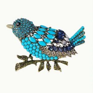 Large Crystal Bird Brooch Pin Blue Rhinestones - Gold Tone